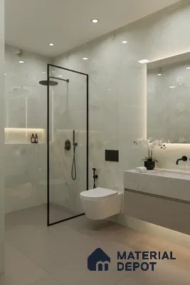 Modern bathroom with marble-look wall tiles, beige floor tiles, and floating vanity | Material Depot
