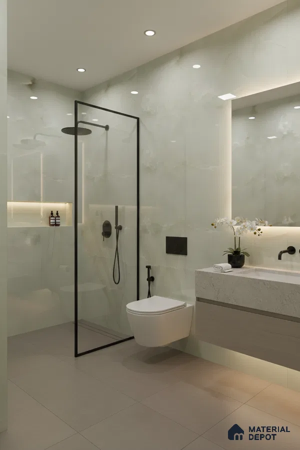 Modern bathroom with marble-look wall tiles, beige floor tiles, and floating vanity | Material Depot