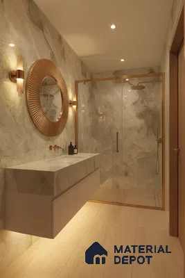 Modern bathroom with marble-look wall tiles, beige floor tiles, and floating vanity | Material Depot