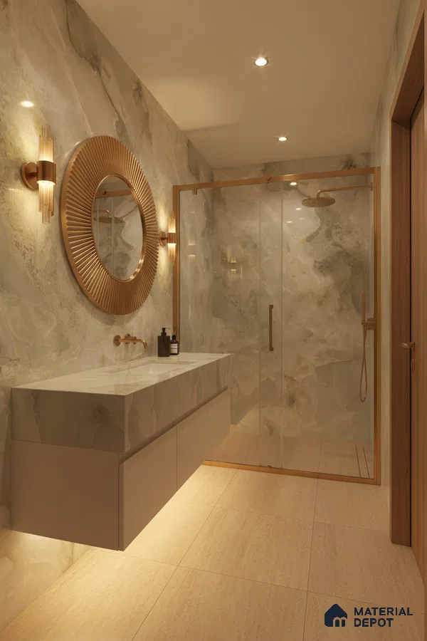 Modern bathroom with marble-look wall tiles, beige floor tiles, and floating vanity | Material Depot