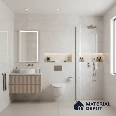Modern bathroom with marble-look wall tiles, beige fluted vanity, and large format floor tiles | Material Depot
