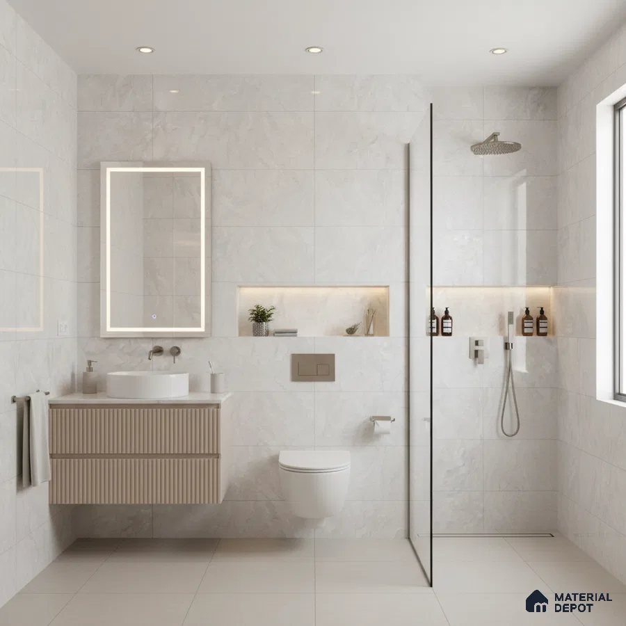Modern bathroom with marble-look wall tiles, beige fluted vanity, and large format floor tiles | Material Depot