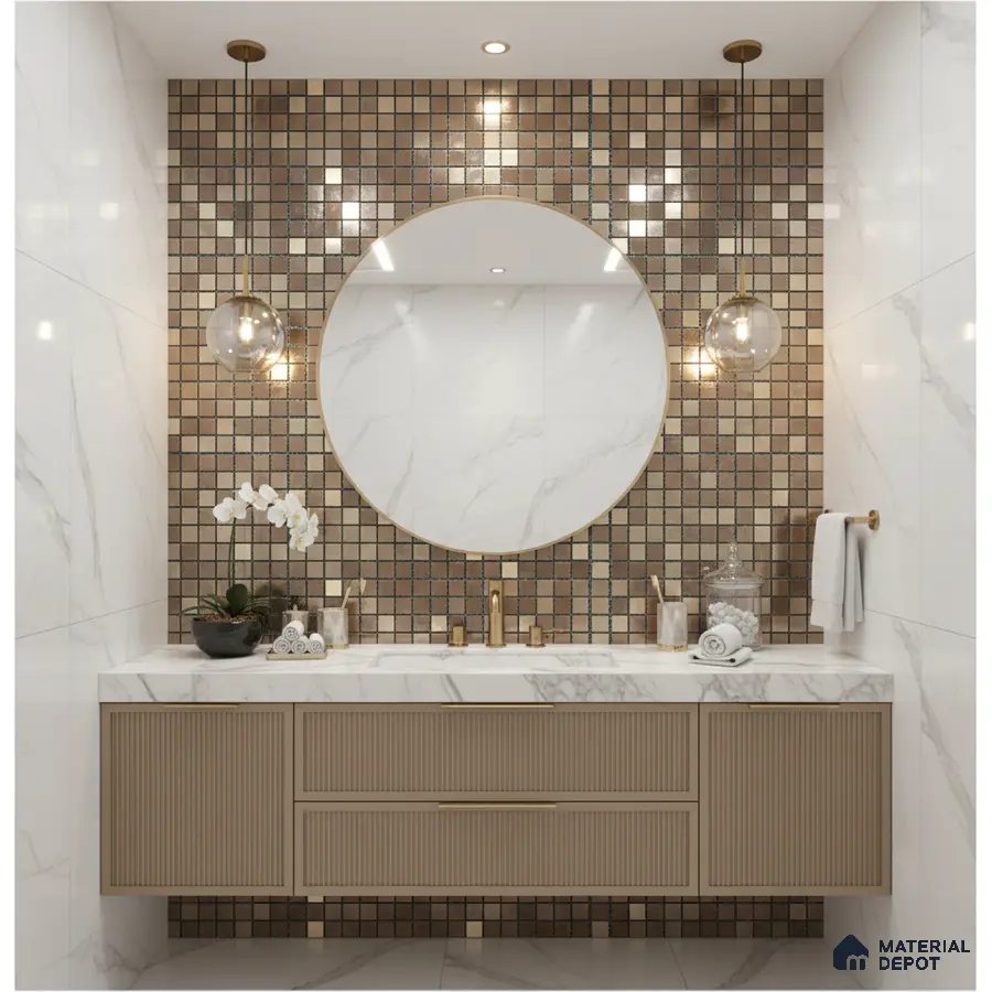 Modern bathroom with marble-look wall tiles, beige fluted vanity, and metallic mosaic accent wall