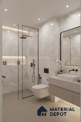 Modern bathroom with marble-look wall tiles, beige matte floor tiles, and floating vanity | Material Depot