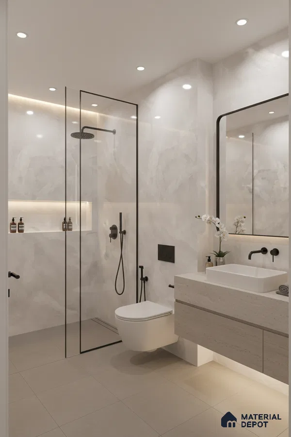 Modern bathroom with marble-look wall tiles, beige matte floor tiles, and floating vanity | Material Depot