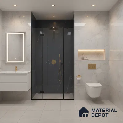 Modern bathroom with marble-look wall tiles, black marble shower partition, and gold accents | Material Depot