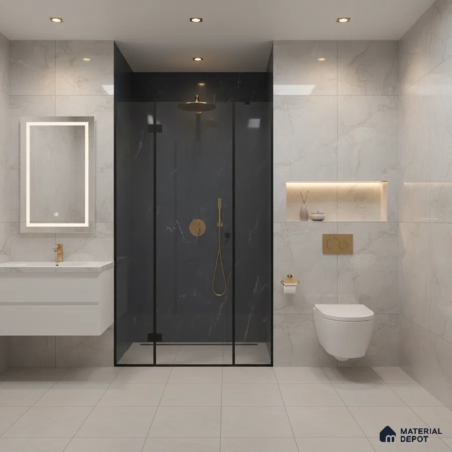 Modern bathroom with marble-look wall tiles, black marble shower partition, and gold accents | Material Depot