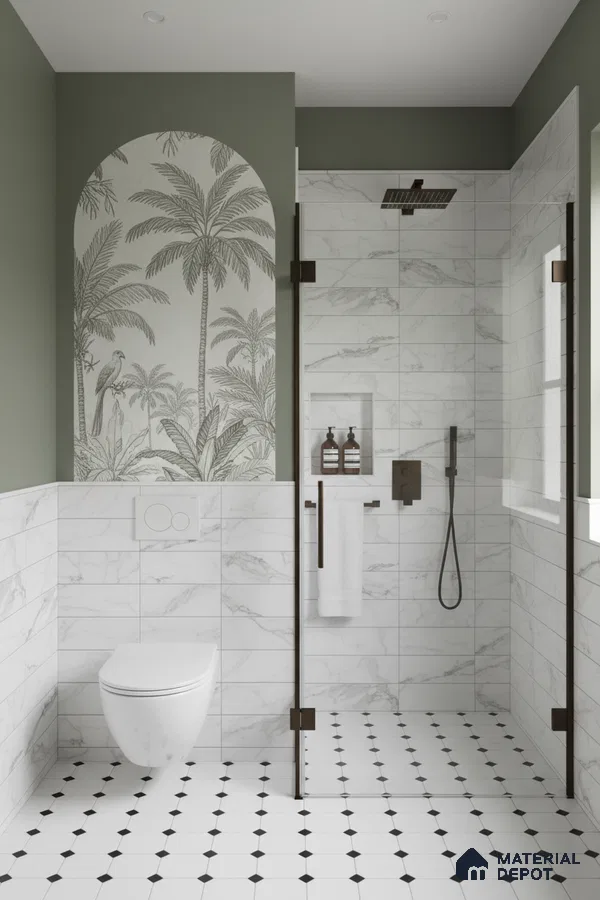 Modern bathroom with marble-look wall tiles, black-and-white geometric floor tiles, and tropical wallpaper accent | Material Depot