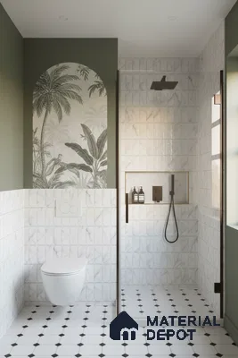 Modern bathroom with marble-look wall tiles, black-and-white geometric floor tiles, and tropical wallpaper accent | Material Depot