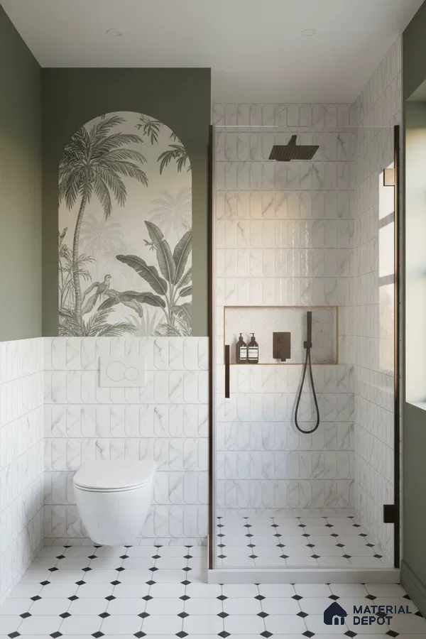 Modern bathroom with marble-look wall tiles, black-and-white geometric floor tiles, and tropical wallpaper accent | Material Depot