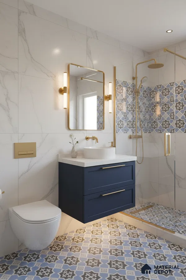 Modern bathroom with marble-look wall tiles, blue and grey moroccan patterned floor tiles, and navy vanity in Bengaluru | Material Depot