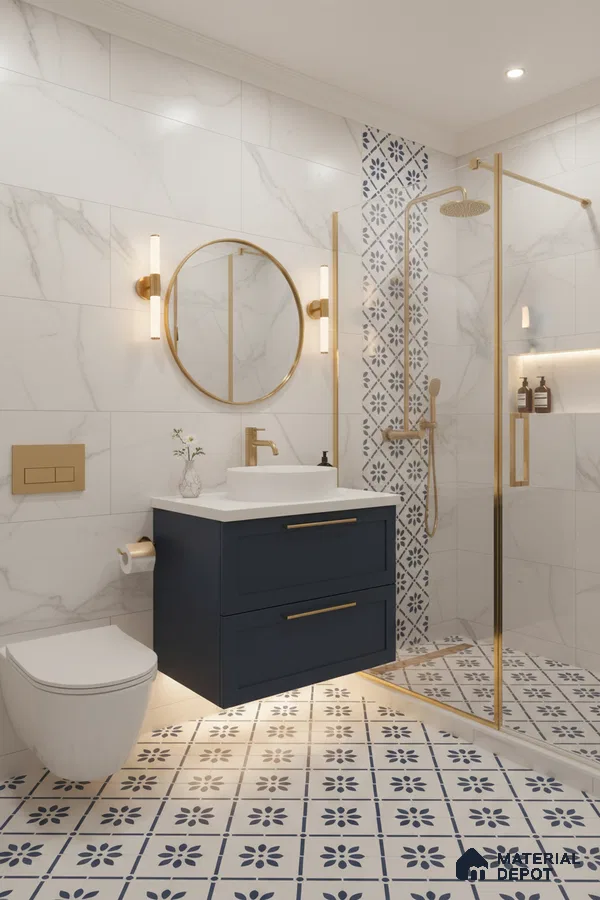 Modern bathroom with marble-look wall tiles, blue floral patterned floor tiles, and gold accents in Bengaluru | Material Depot