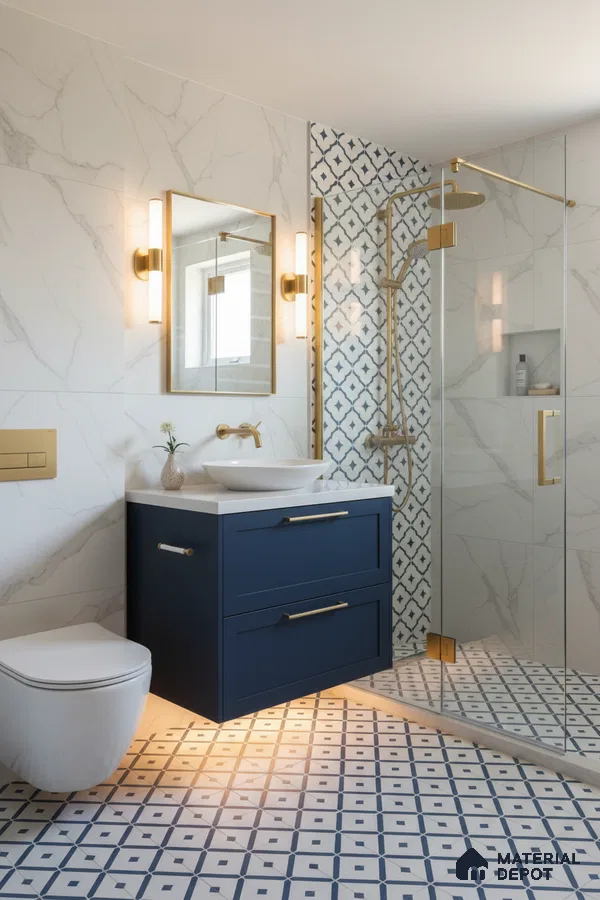 Modern bathroom with marble-look wall tiles, blue geometric patterned floor tiles, and navy vanity in Bengaluru | Material Depot