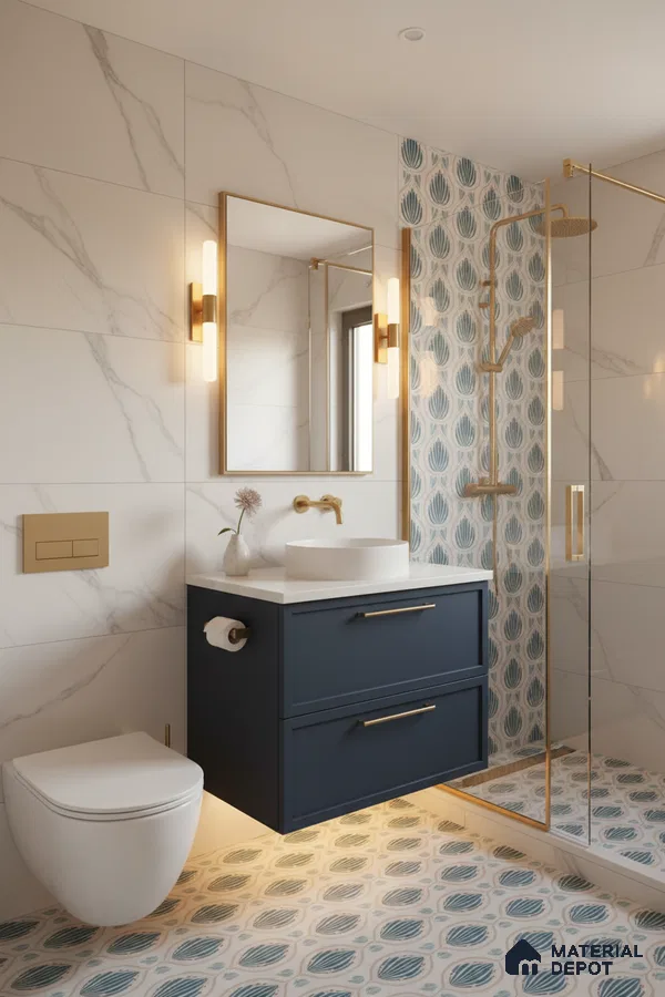 Modern bathroom with marble-look wall tiles, blue patterned floor and shower tiles, and navy floating vanity in Bengaluru | Material Depot