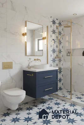 Modern bathroom with marble-look wall tiles, blue star patterned floor tiles, and navy blue vanity in Bengaluru | Material Depot