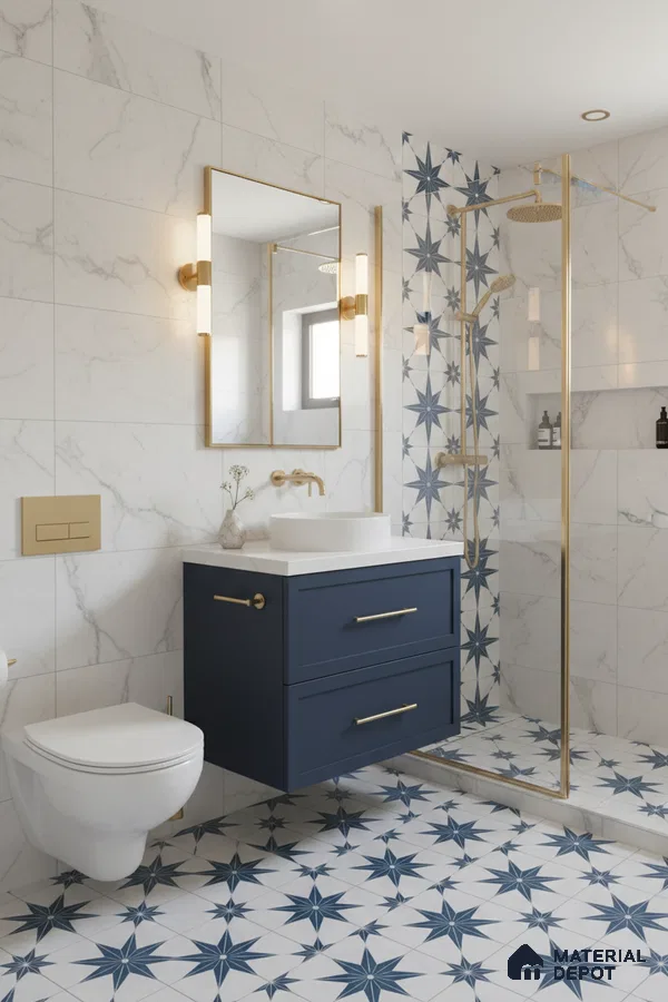 Modern bathroom with marble-look wall tiles, blue star patterned floor tiles, and navy blue vanity in Bengaluru | Material Depot