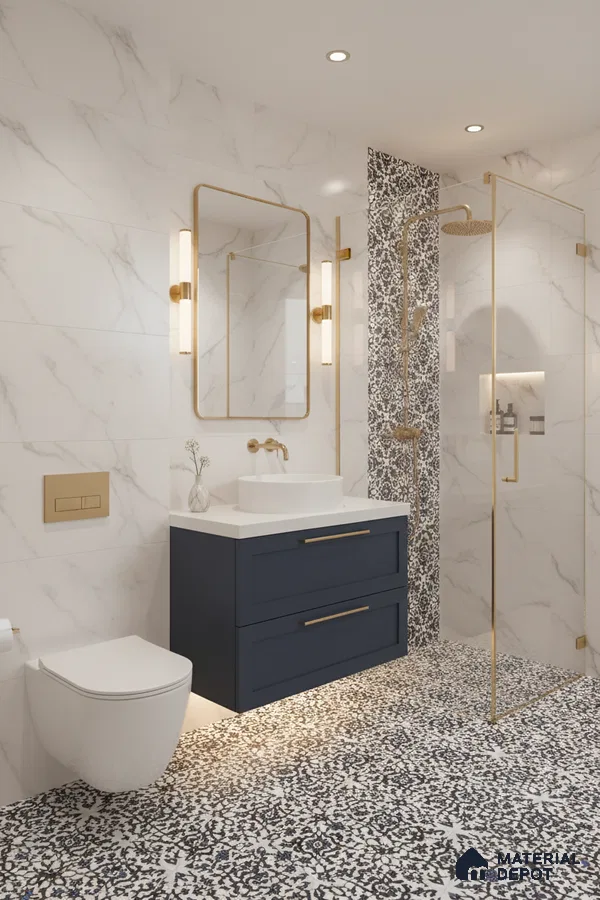 Modern bathroom with marble-look wall tiles, blue vanity, and black-and-white patterned floor tiles in Bengaluru | Material Depot