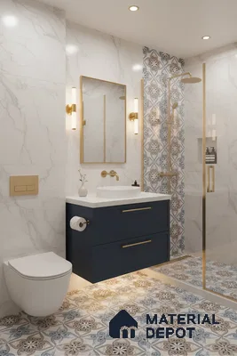 Modern bathroom with marble-look wall tiles, blue vanity, and patterned moroccan floor tiles in Bengaluru | Material Depot