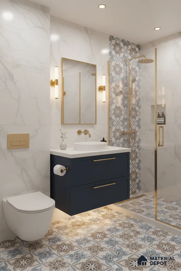 Modern bathroom with marble-look wall tiles, blue vanity, and patterned moroccan floor tiles in Bengaluru | Material Depot
