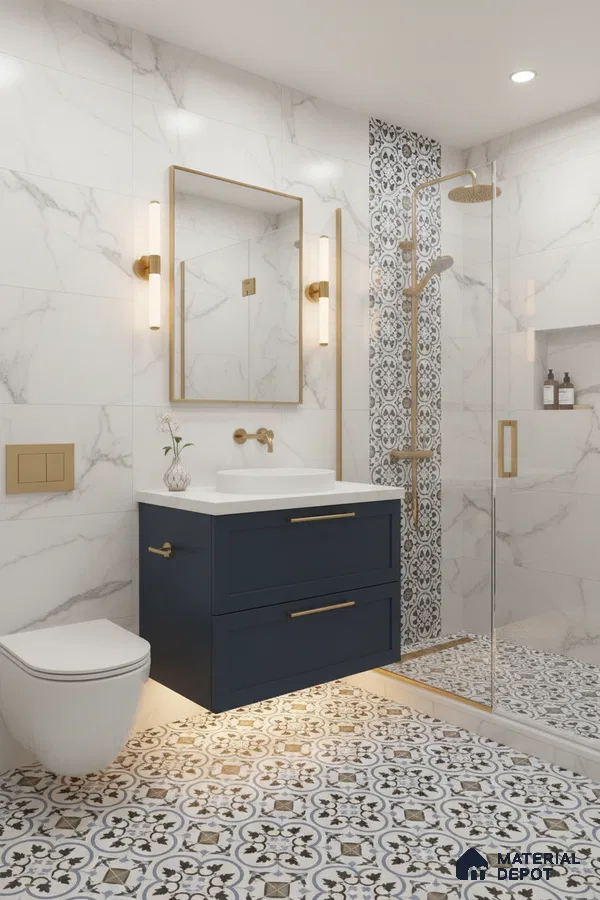 Modern bathroom with marble-look wall tiles, blue vanity, and patterned moroccan floor tiles in Bengaluru | Material Depot
