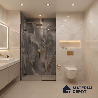 Modern bathroom with marble-look wall tiles, dramatic onyx highlighter shower wall, and beige floor tiles | Material Depot
