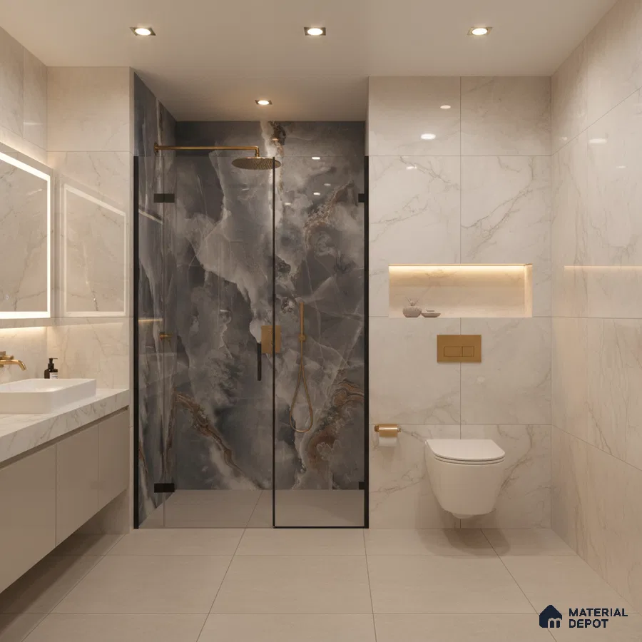 Modern bathroom with marble-look wall tiles, dramatic onyx highlighter shower wall, and beige floor tiles | Material Depot