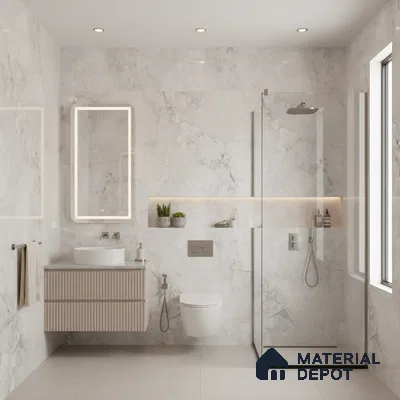 Modern bathroom with marble-look wall tiles, fluted beige vanity, and glass shower partition | Material Depot