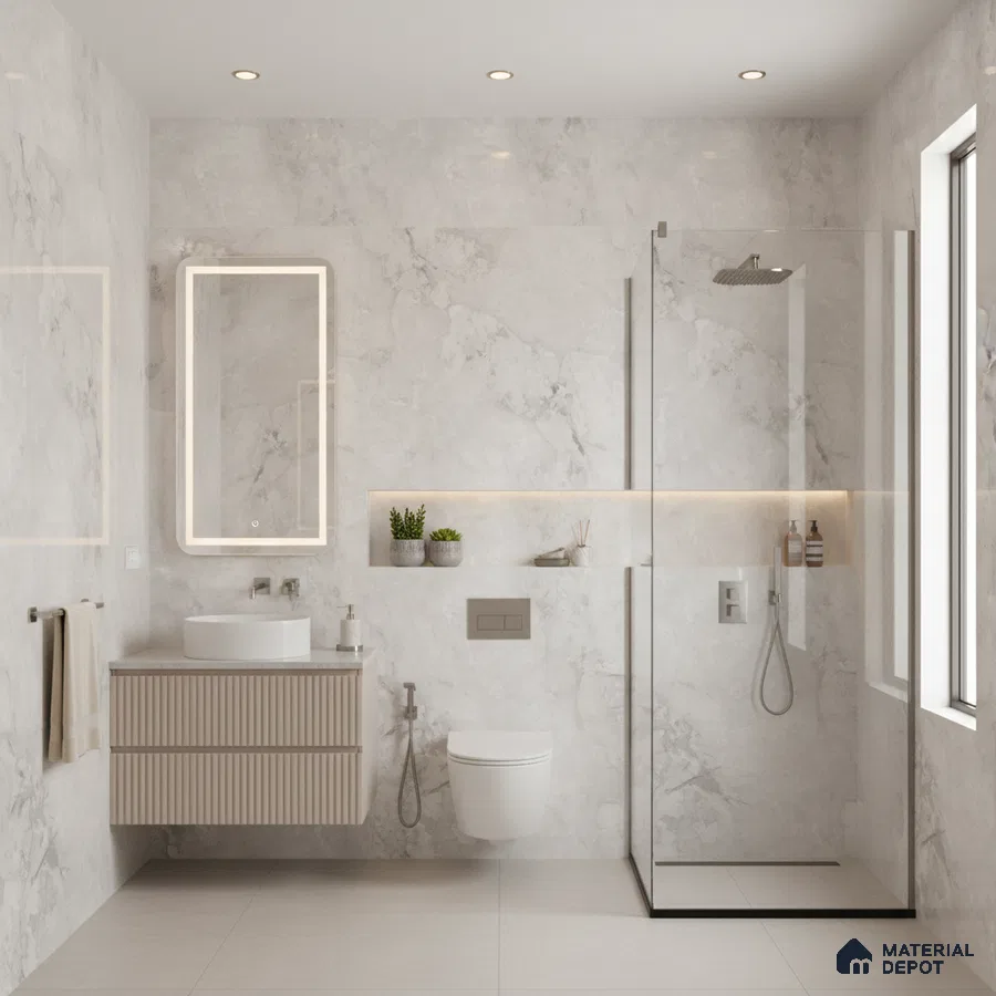 Modern bathroom with marble-look wall tiles, fluted beige vanity, and glass shower partition | Material Depot