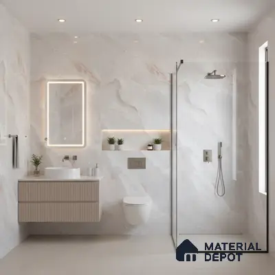 Modern bathroom with marble-look wall tiles, fluted vanity, and beige floor tiles | Material Depot