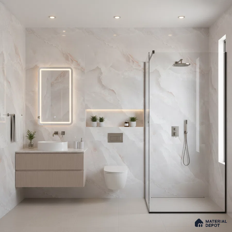 Modern bathroom with marble-look wall tiles, fluted vanity, and beige floor tiles | Material Depot