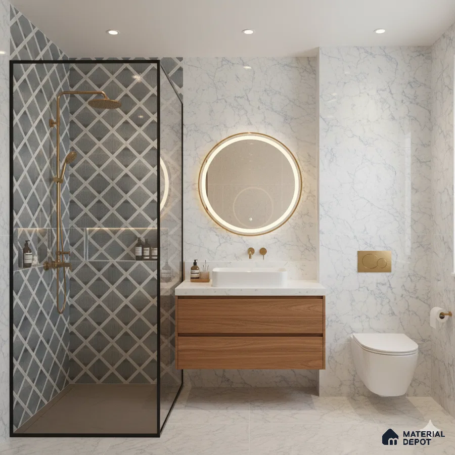 Modern bathroom with marble-look wall tiles, geometric grey shower tiles, and walnut wood vanity | Material Depot
