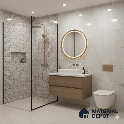 Modern bathroom with marble-look wall tiles, geometric patterned shower tiles, and wood vanity | Material Depot