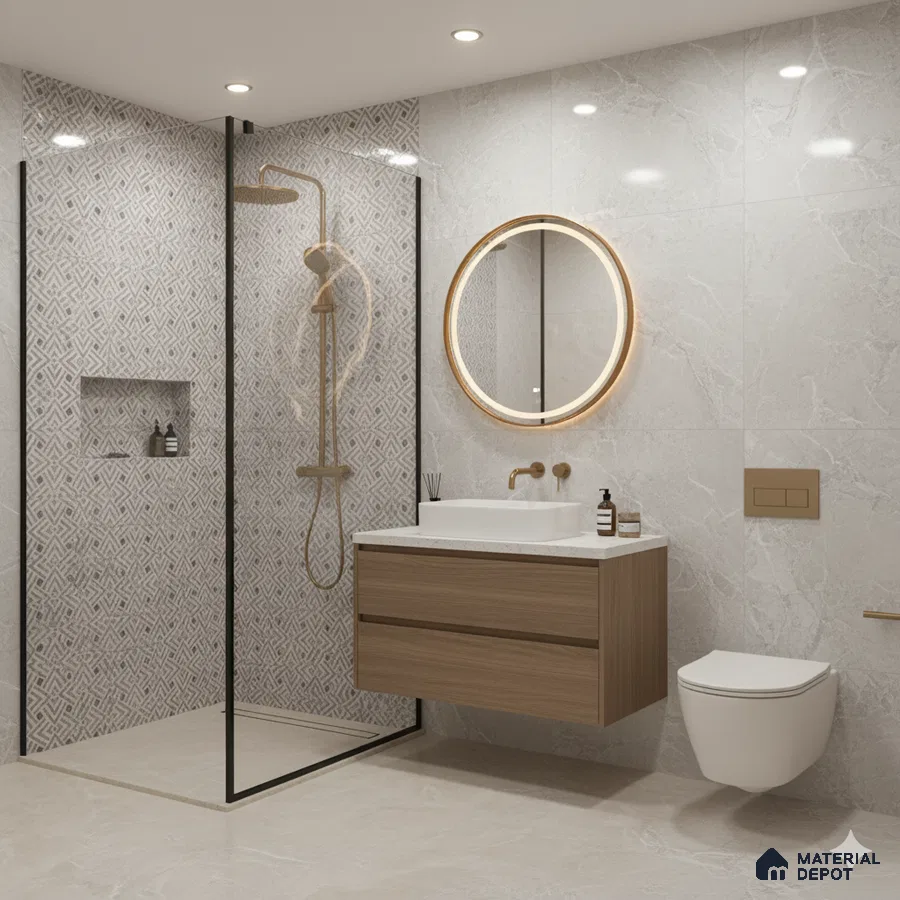 Modern bathroom with marble-look wall tiles, geometric patterned shower tiles, and wood vanity | Material Depot
