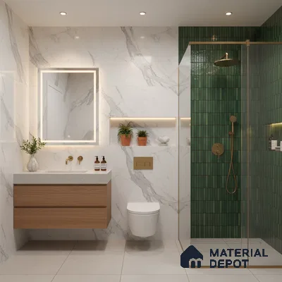 Modern bathroom with marble-look wall tiles, green kitkat shower tiles, and floating wood vanity | Material Depot