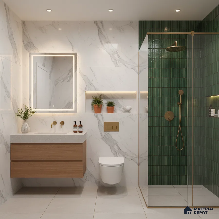 Modern bathroom with marble-look wall tiles, green kitkat shower tiles, and floating wood vanity | Material Depot