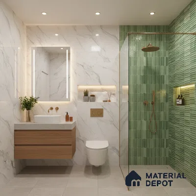 Modern bathroom with marble-look wall tiles, green kitkat wall tiles, and floating wood vanity | Material Depot