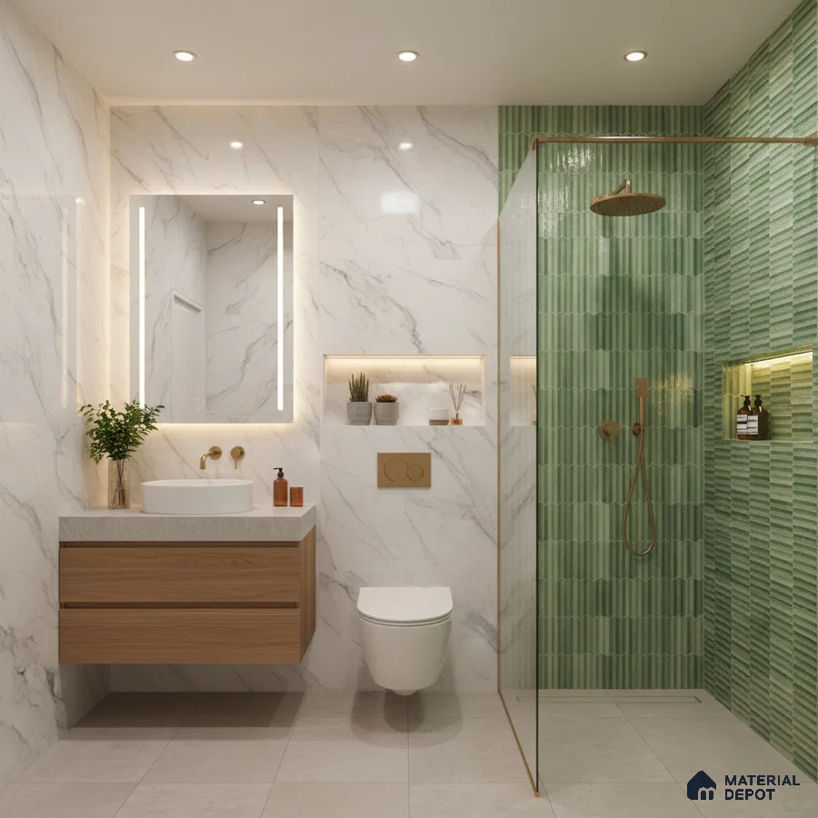 Modern bathroom with marble-look wall tiles, green kitkat wall tiles, and floating wood vanity | Material Depot