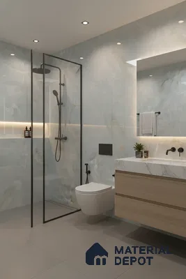 Modern bathroom with marble-look wall tiles, grey floor tiles, and light oak vanity | Material Depot