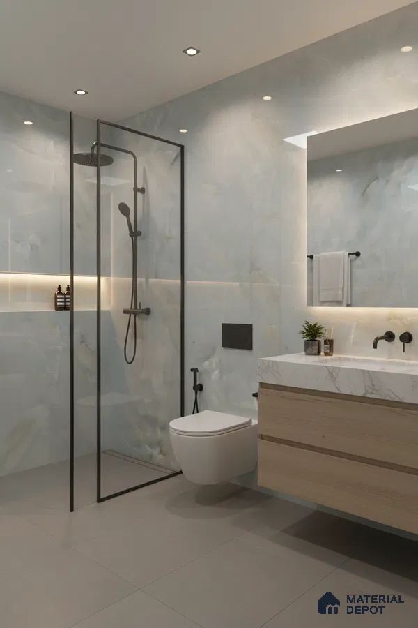 Modern bathroom with marble-look wall tiles, grey floor tiles, and light oak vanity | Material Depot