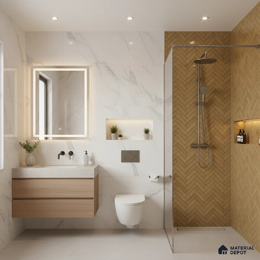 Modern bathroom with marble-look wall tiles, herringbone wood-look shower tiles, and floating wood vanity | Material Depot