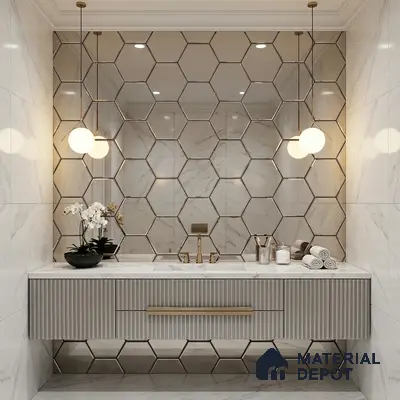 Modern bathroom with marble-look wall tiles, hexagonal mirror accent, and fluted vanity