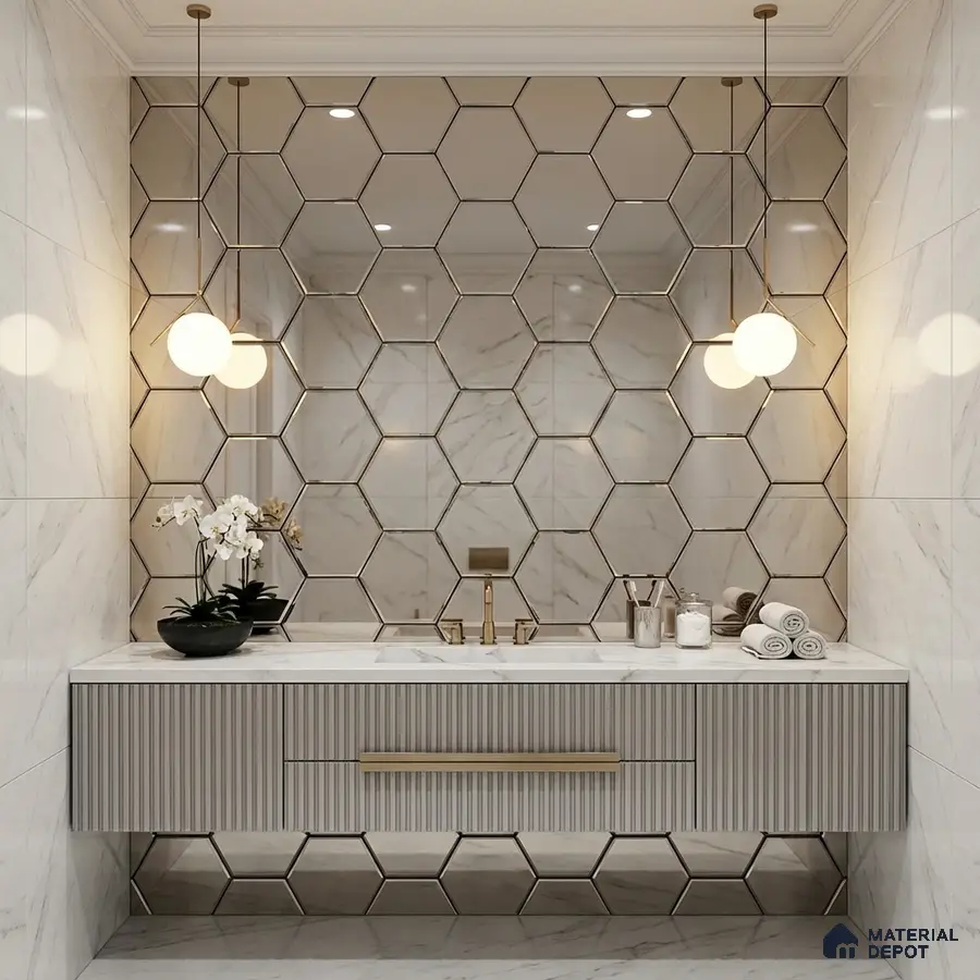 Modern bathroom with marble-look wall tiles, hexagonal mirror accent, and fluted vanity