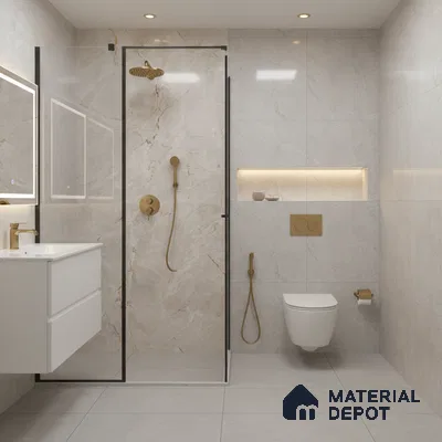 Modern bathroom with marble-look wall tiles, matte gold fixtures, and light grey floor tiles | Material Depot