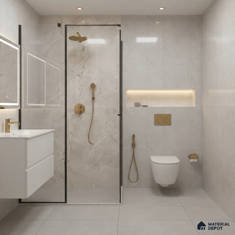 Modern bathroom with marble-look wall tiles, matte gold fixtures, and light grey floor tiles | Material Depot