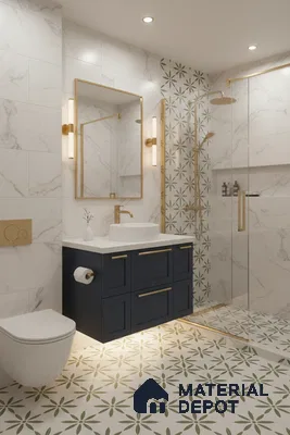 Modern bathroom with marble-look wall tiles, olive green floral patterned floor tiles, and navy vanity in Bengaluru | Material Depot