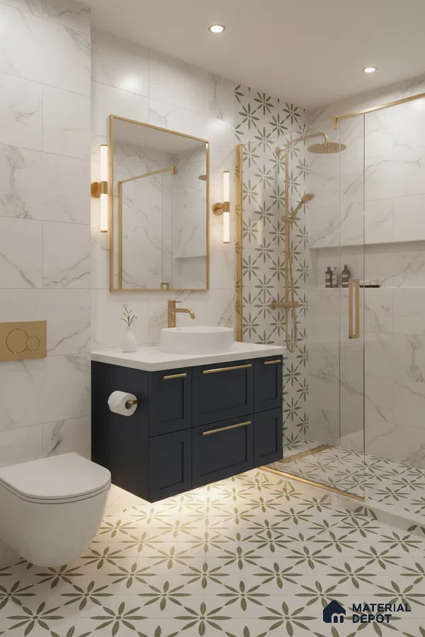 Modern bathroom with marble-look wall tiles, olive green floral patterned floor tiles, and navy vanity in Bengaluru | Material Depot