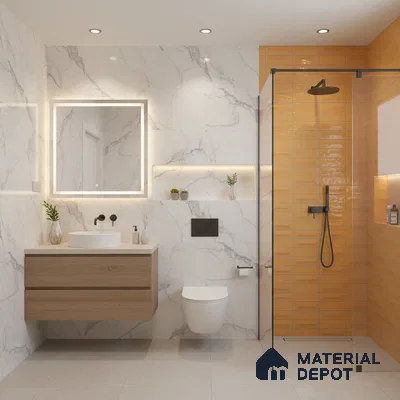 Modern bathroom with marble-look wall tiles, orange subway shower tiles, and floating wood vanity | Material Depot