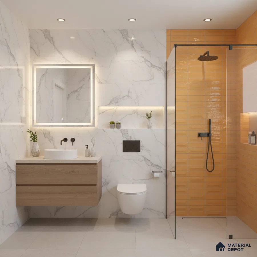 Modern bathroom with marble-look wall tiles, orange subway shower tiles, and floating wood vanity | Material Depot