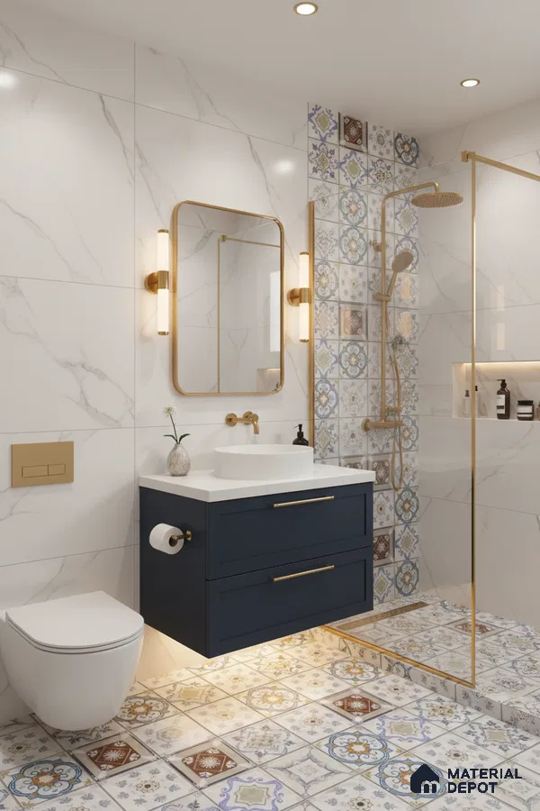 Modern bathroom with marble-look wall tiles, patterned moroccan floor tiles, and gold accents in Bengaluru | Material Depot