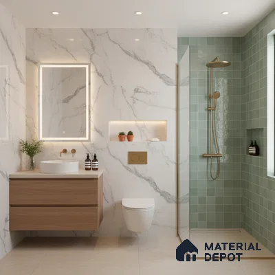 Modern bathroom with marble-look wall tiles, sage green grid shower tiles, and light wood floating vanity | Material Depot